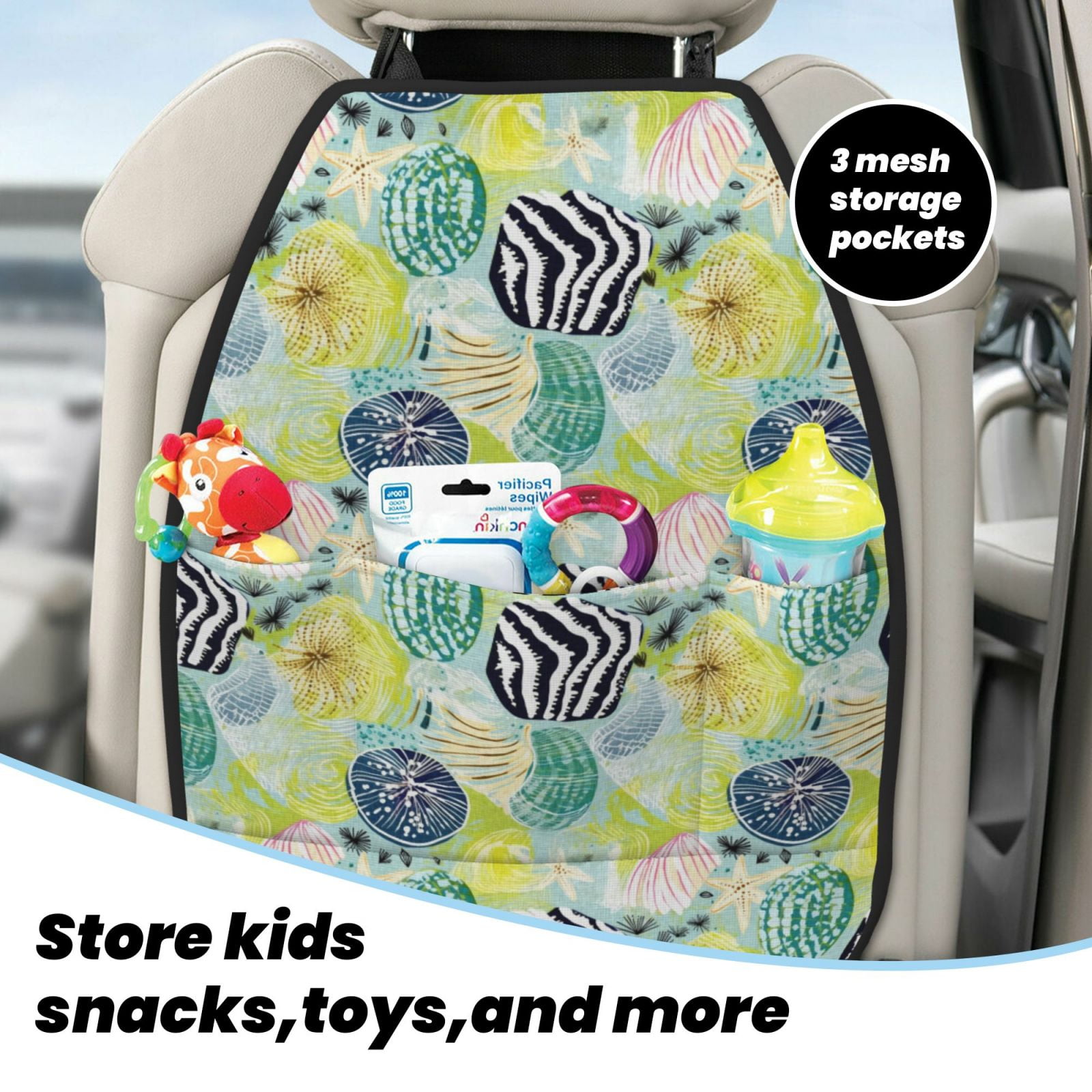 Xecao Shell Clam Pattern Car Seat Back Protector 2 Pack Large Capacity Pocket, Kick Mats Back Seat Protector