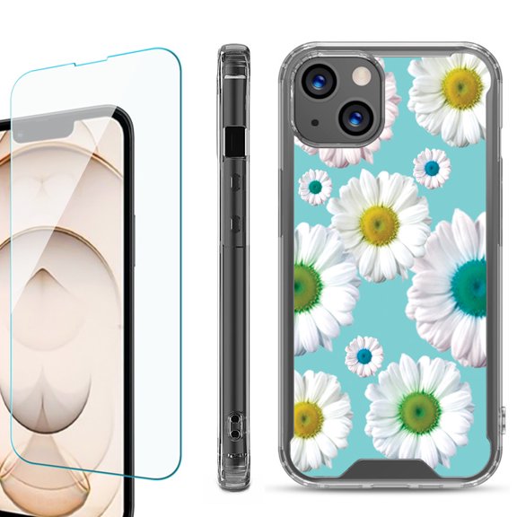 Shockproof Bumper Phone Case for iPhone 13, with Tempered Glass Screen Protector, by OneToughShield ® - Daisy/Teal