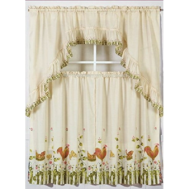 3 Piece Kitchen Curtain Set 2 Tiers and 1 Valance (Rooster1
