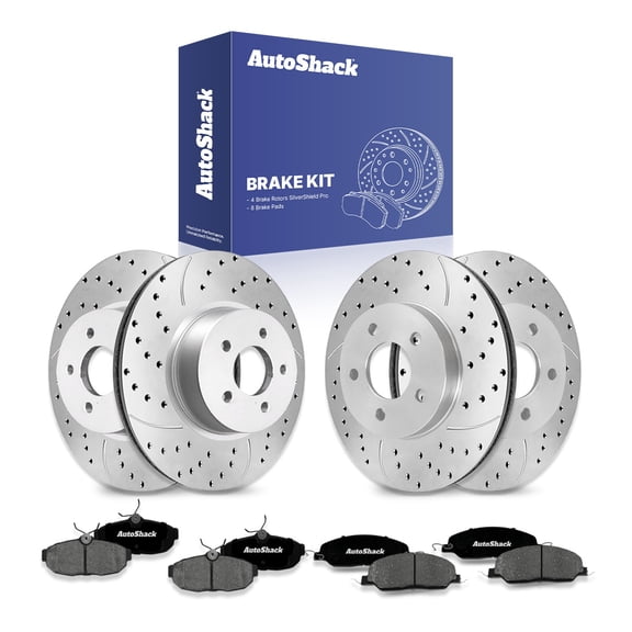 AutoShack Front Vented & Rear Vented Drilled & Slotted Silver Zinc Coated Brake Rotors   Ceramic Pads 12-PC Brake Kit Replacement for 2005-2010 Ford Mustang SilverShield Pro