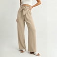 thumbnail image 2 of VEKDONE Drawstring Straight Trousers for Women Elastic High Waisted Wide Leg Pant with Pockets Summer Casual Loose Fit Long Pants Lounge Slacks Khaki XXL, 2 of 6
