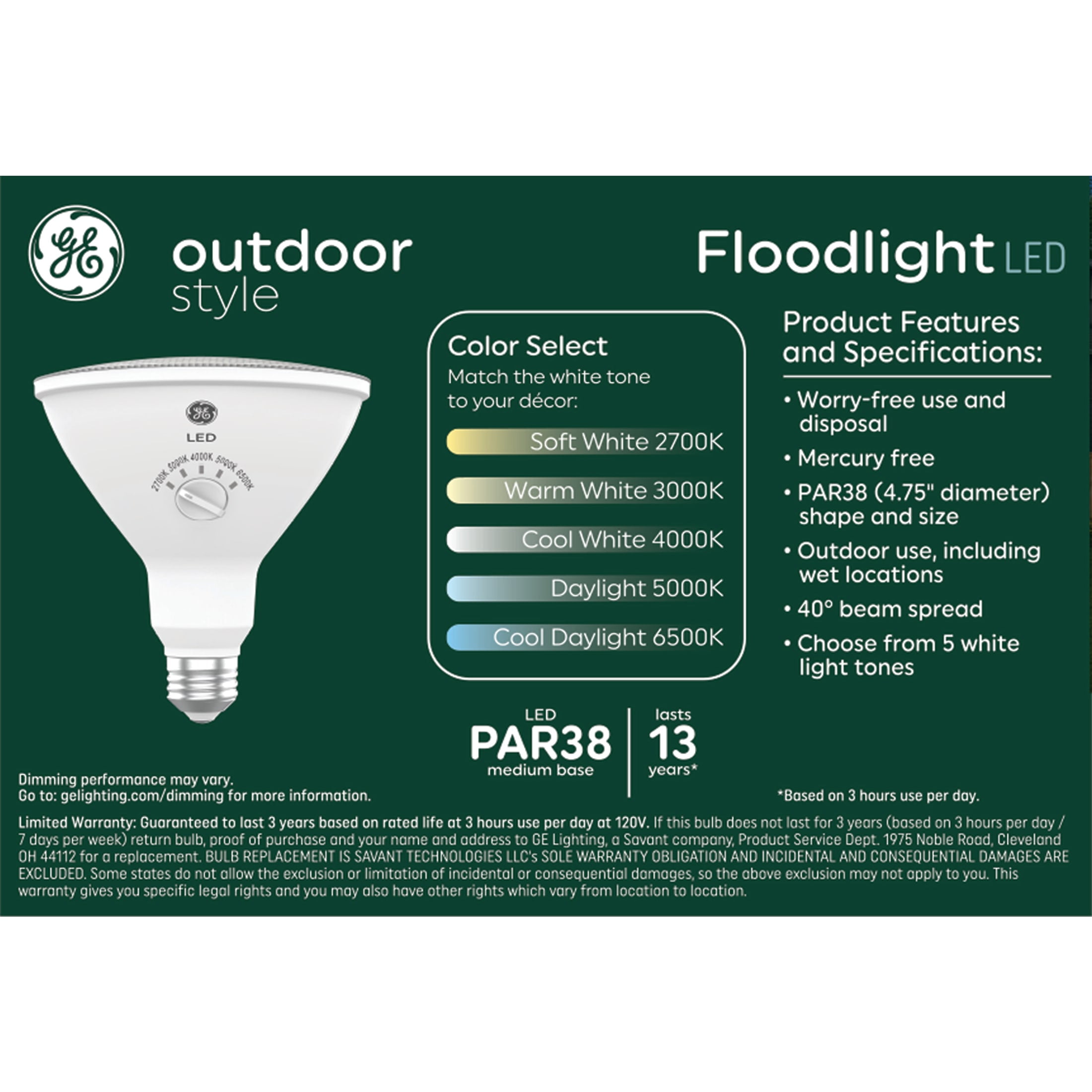 GE Outdoor Style Security PAR38 LED Floodlight, 90 Watt Replacement, 5 White Tones, 2pk