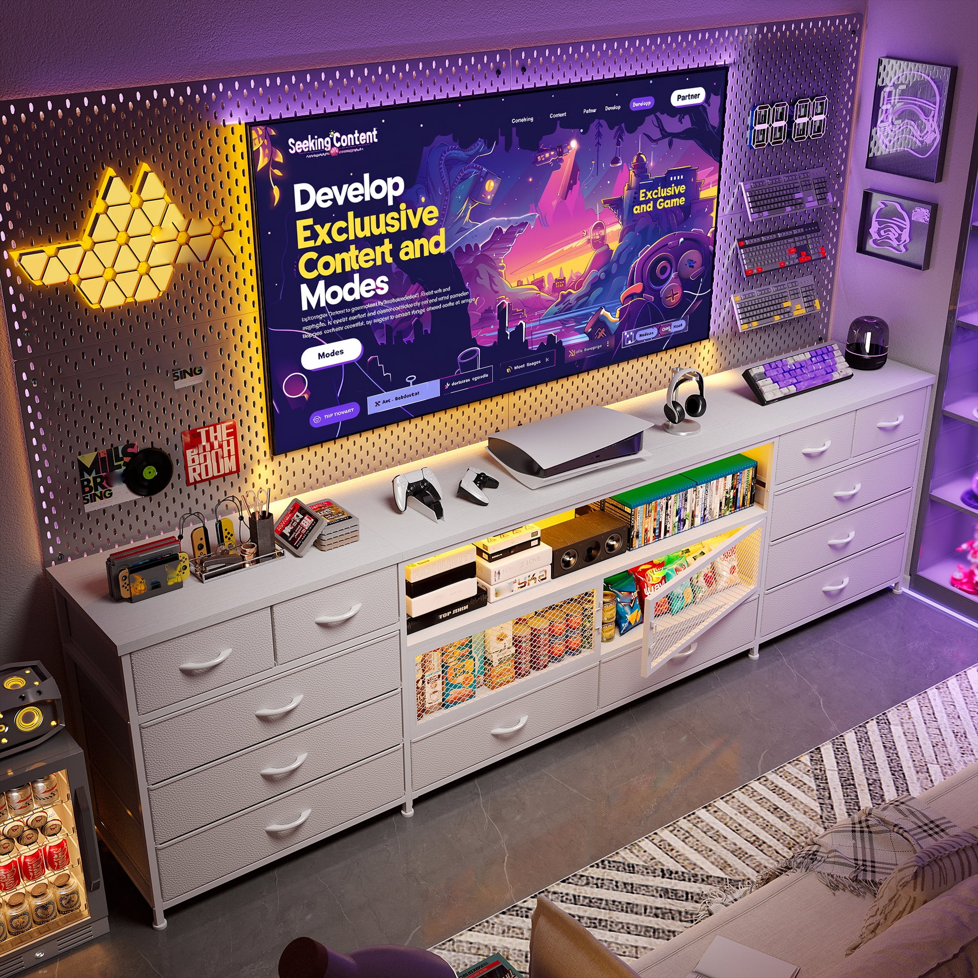 EnHomee TV Stand for Bedroom White Dresser with Drawers TV Console Table with Storage & LED & Charge Station