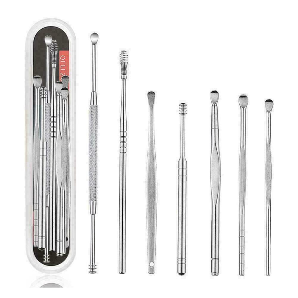 7 Pcs Ear Wax Removal Kit,Ear Pick Earwax Removal Kit, Ear Cleansing Tool Set, Ear Curette Ear Wax Remover Tool with Cleaning Brush and Storage Box, Silver