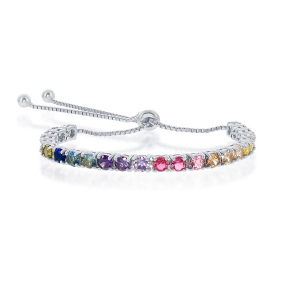 iJewelry2 Sterling Silver Round Prong-Set Multi-color Rainbow CZ 4mm Adjustable Bolo Bracelet