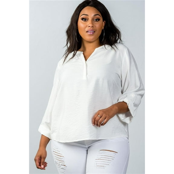 Plus Size Oatmeal Stand-up Collar Roll Tab Sleeve Blouse