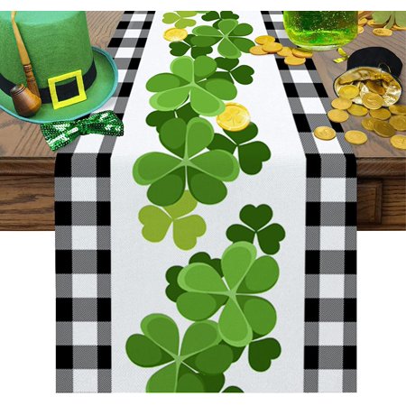 

St Patrick s Day Dining Table Runner Spring Shamrock Clover Leaves Dresser Scarves Black White Plaid Farmhouse Coffe Table Runners Linen Burlap for Kitchen Decor