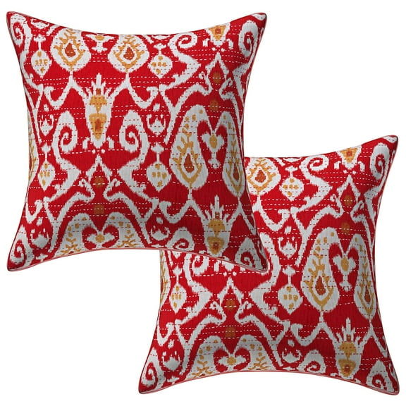 Stylo Culture Indian Sofa Throw Pillow Covers 16 x 16 Kantha Red Printed 40cm x 40cm Home Decor Accent Pillowcase Cotton Ikat Square Cushion Covers | Set Of 2
