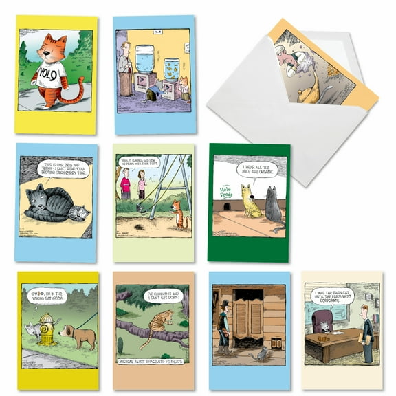 10 Assorted Set Hysterical Birthday Greeting Cards w/5 x 7 Inch Envelopes - Dave Coverly's Feline Funnies - Funny Cat Illustrations