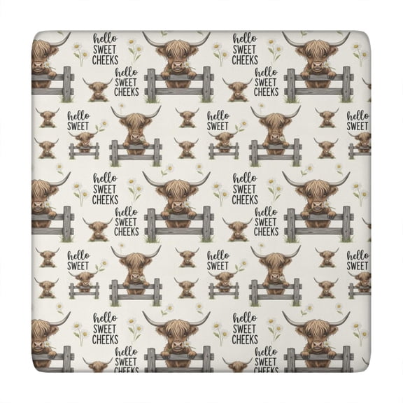 Beige Highland Cow Fence Daisy Pattern Square Fitted Tablecloth with Elastic Edge,Square Table Cover,Washable Elastic Table Cover for Home Kitchen Party Decor 34"x34"