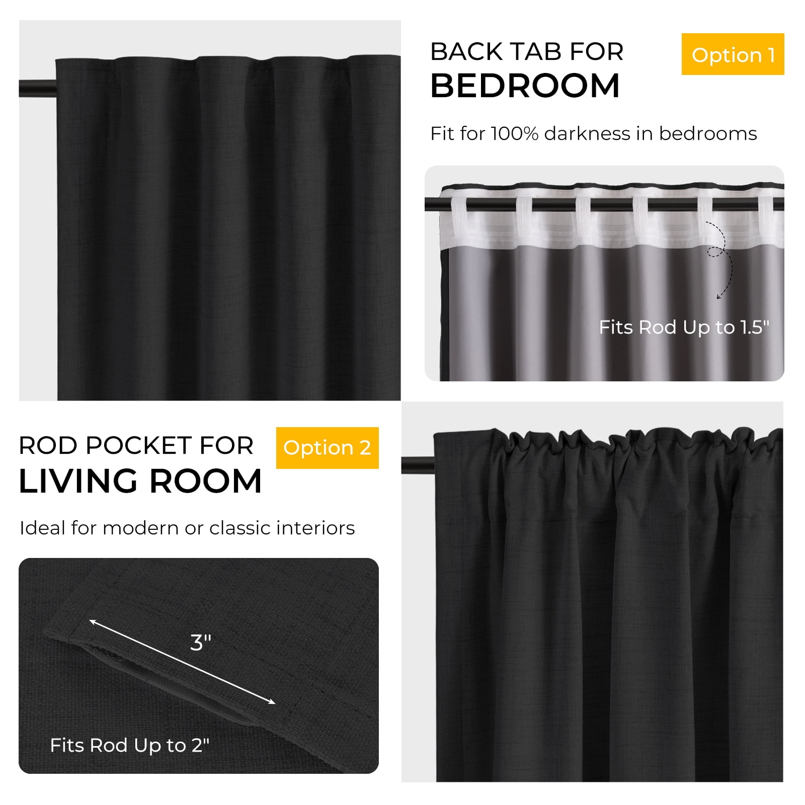 100% Blackout Faux Linen Curtains for Livingroom Bedroom W50 X L84,2 Panels Set Thermal Insulated Curtains With Free 20 Ring Clips- Black