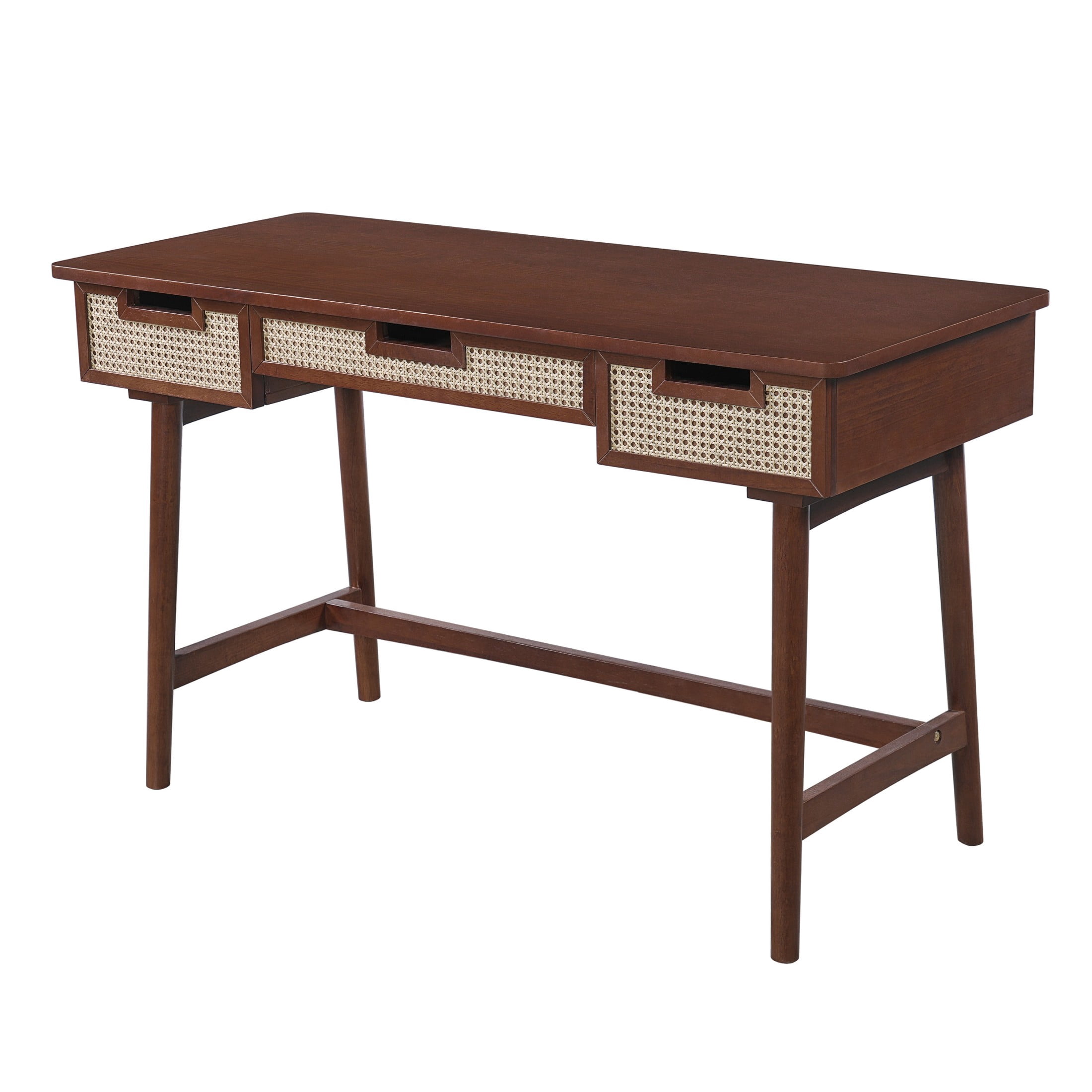 Christopher Knight Home 51" Writing Desk with 3 Rattan Drawers, Wood Vanity Workstation, Brown