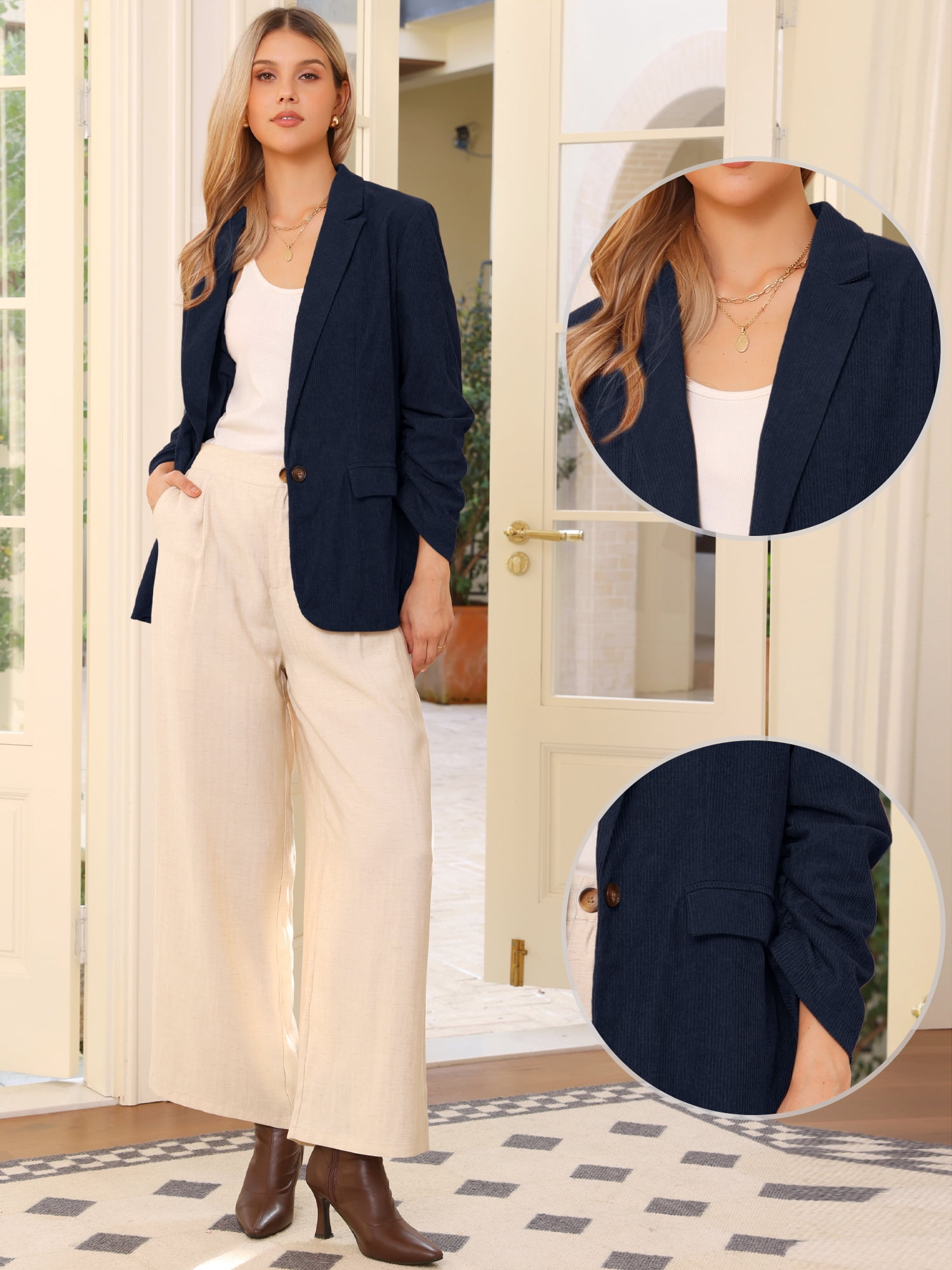DARING DIVA Women's Corduroy Ruched Sleeve Lapel Pockets Blazer Jacket XS Navy Blue