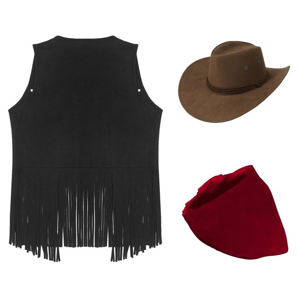 Hansber Women's Western Cowgirl Outfits Faux Suede Fringed Jackets with Bandanna Cowboy Hat 3Pcs Costume Set Black M