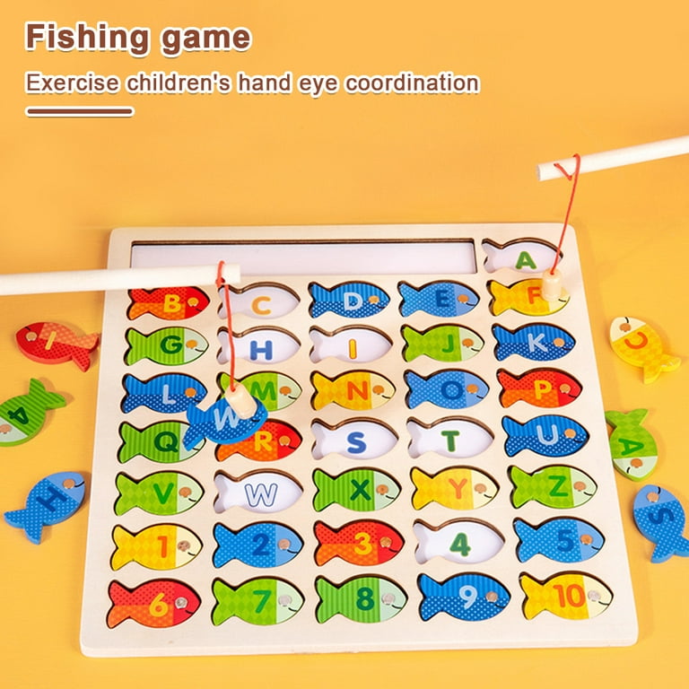 Sesaver 36 Pcs Magnetic Wooden Fishing Game Toy for Kids Alphabet Fish Catching Counting Games Puzzle with Numbers and Letters Preschool Learning Toys
