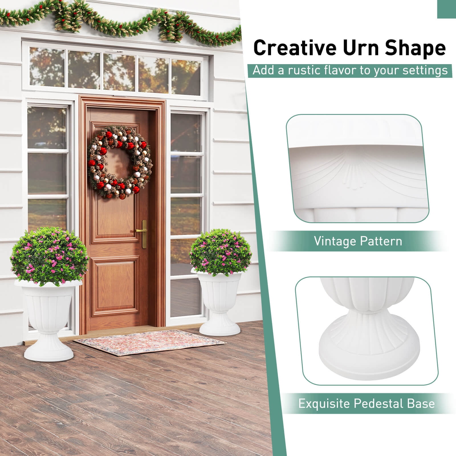 Costway 18 inch Tall Vintage Planters Set of 4 with Pedestal Base & Pre-marked Drain Hole White