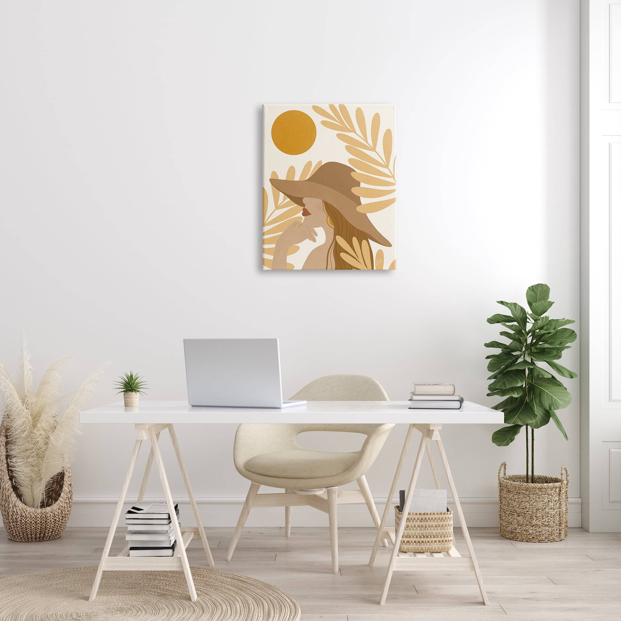 Stupell Industries Woman in Hat Warm Yellow Cutout Leaf Shapes Graphic Art Gallery Wrapped Canvas Print Wall Art, Design by Birch&Ink