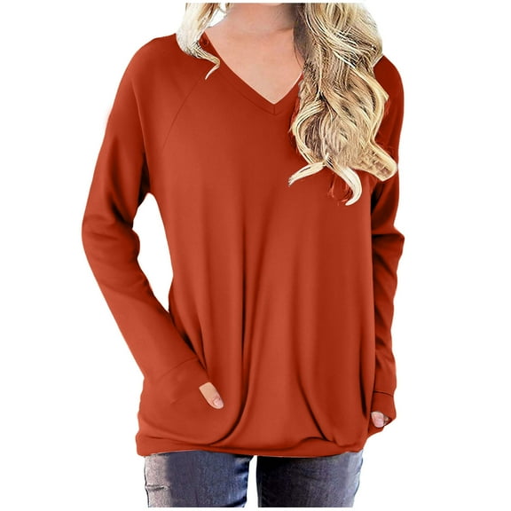 Kovlvoll Womens Plus Size Tops Long Sleeve V Neck Casual Loose Soft Comfy Fall Solid Color Base Shirts with Pockets