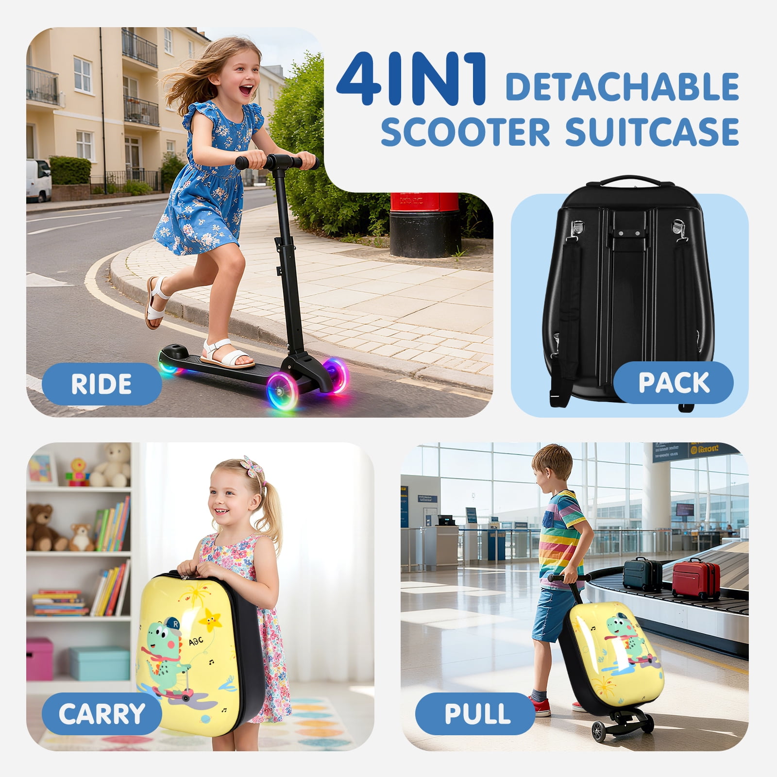 Kids Scooter Suitcase with LED Wheels, Foldable Detachable Ride-On Travel Luggage, Yellow