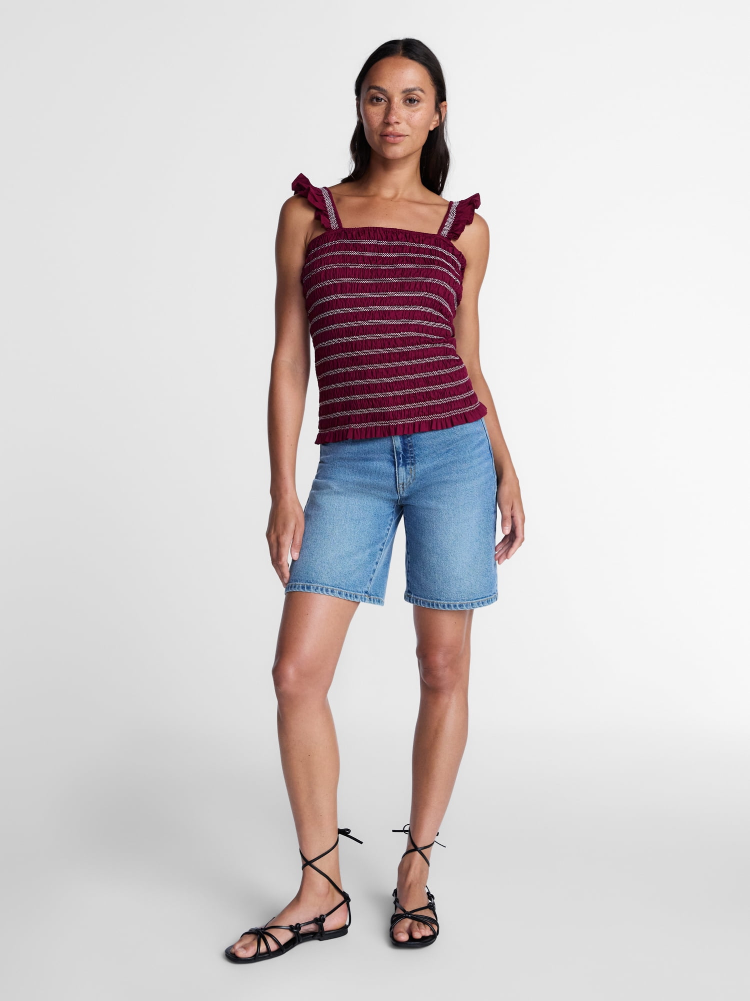 Time and Tru Women's Smocked Cotton Tank Top with Ruffle Straps, Sizes XS-XXXL
