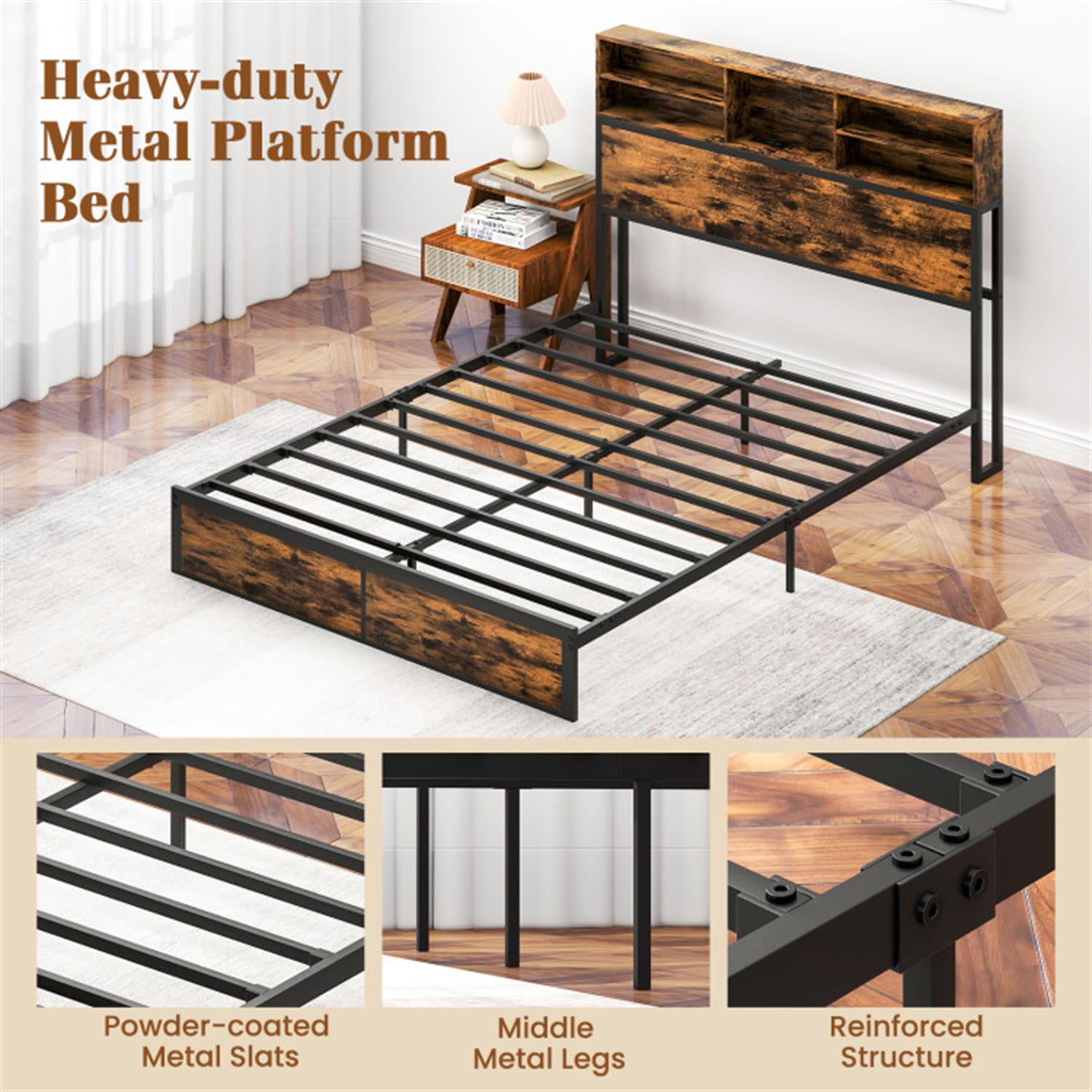Demi Bonn Queen Size Bed Frame with Wooden Headboard and Footboard, Industrial Metal Platform Bed Frame with Under Bed Storage, No Box Spring Needed, Brown