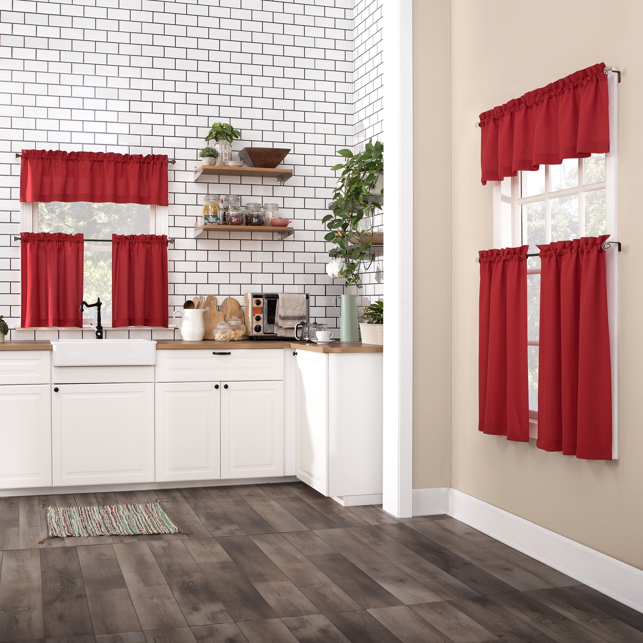 Mainstays 3-Piece Semi Sheer Rod Pocket Kitchen Window Tier Pair and Valance, 2 Café Curtains and 1 Curtain Valance, Red, 54"W x 36"L