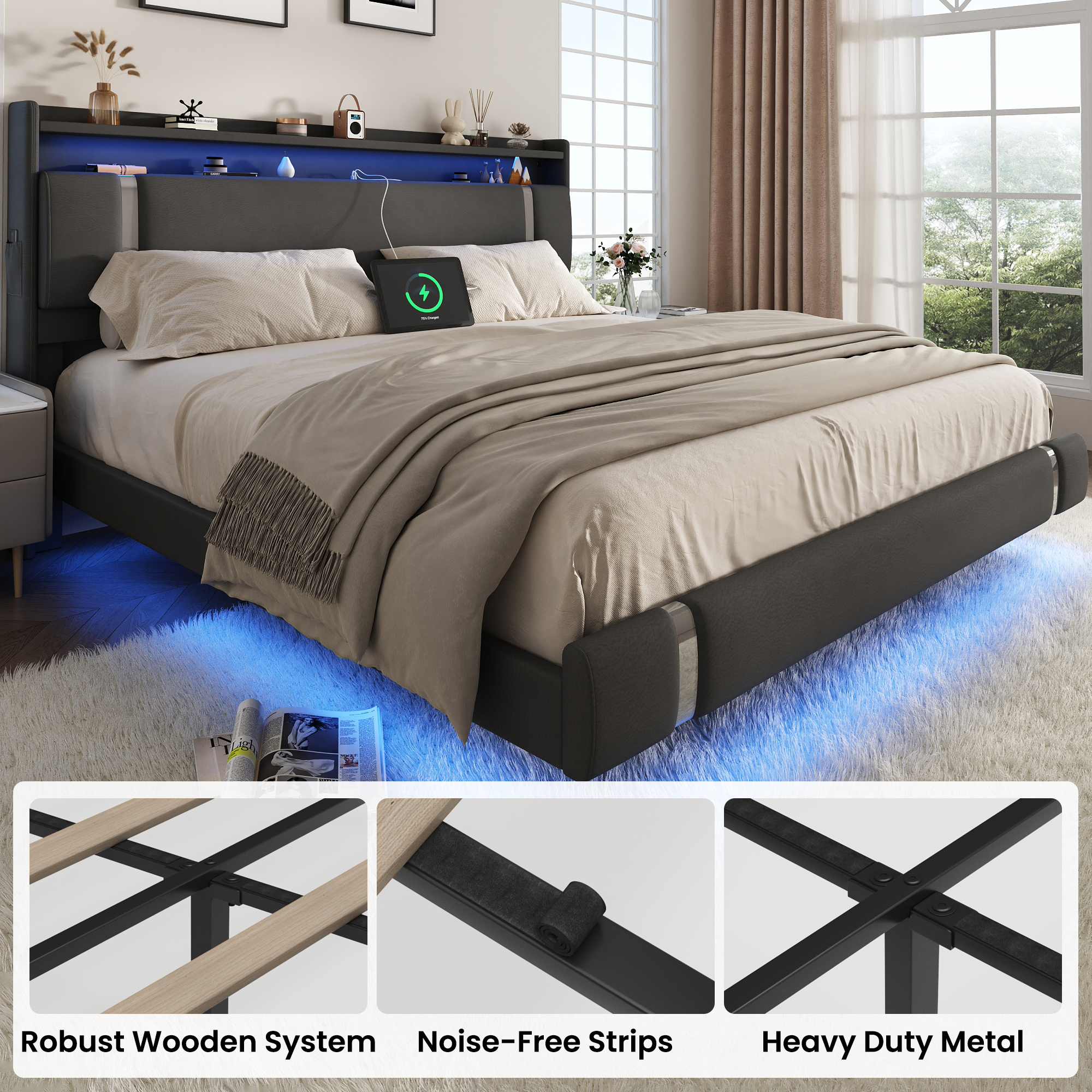 NEGYLIM Floating Bed Frame King Size with LED Lights, Easy to Assemble, Metal Platform Bed with Storage Headboard, No Box Spring Needed, Black