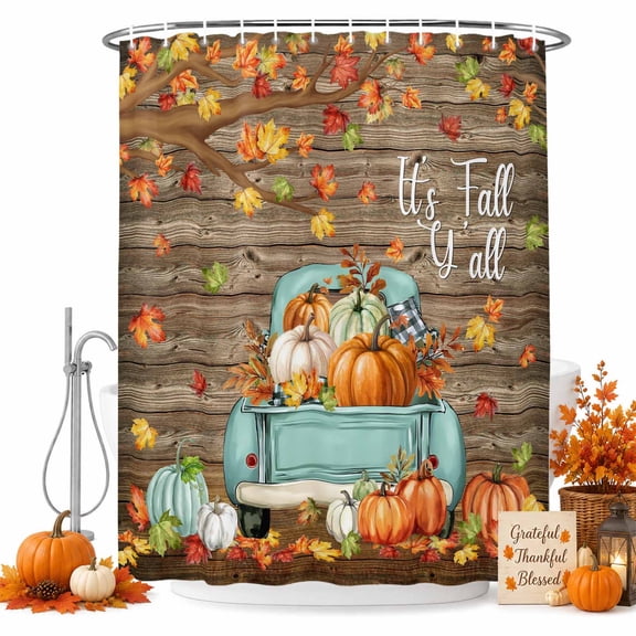 Thanksgiving Shower Curtain Set with Hooks, Fall Maple Leaf Car Pumpkin Brown Wood Grain Sturdy Water Repellent Shower Curtains for Bathroom Bathtub, Machine Washable 48x72 Inch