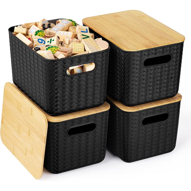 4 Packs Storage Bins with Bamboo Lids - Plastic Storage Containers with Lids Stackable Storage Box:Storage Baskets for Organizing Desktop Closet Playroom Classroom Office (Black)