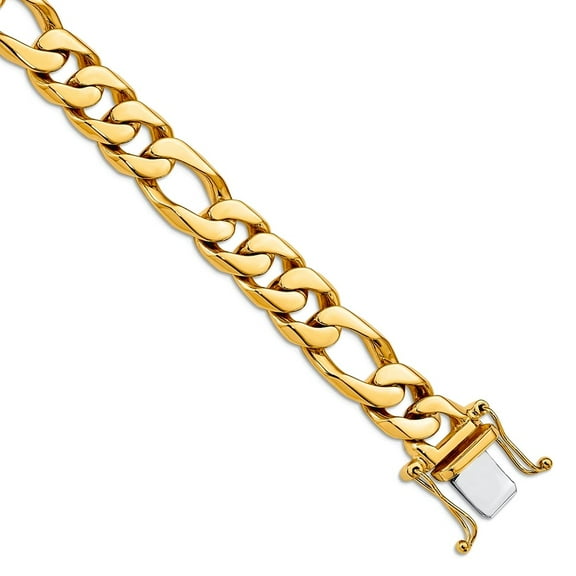 14k Yellow Gold Solid 11mm Hand Polished Figaro Link Chain Bracelet 8 Inch Lobster Claw Link Bracelet for Women and Men