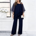 thumbnail image 2 of CIENVNSTG Mother Of The Bride Pant Suits Cold Shoulder Chiffon Ruffle Top And Wide Leg Pants Two Piece Pant Suit Wedding Guest Outfit Blue L, 2 of 6