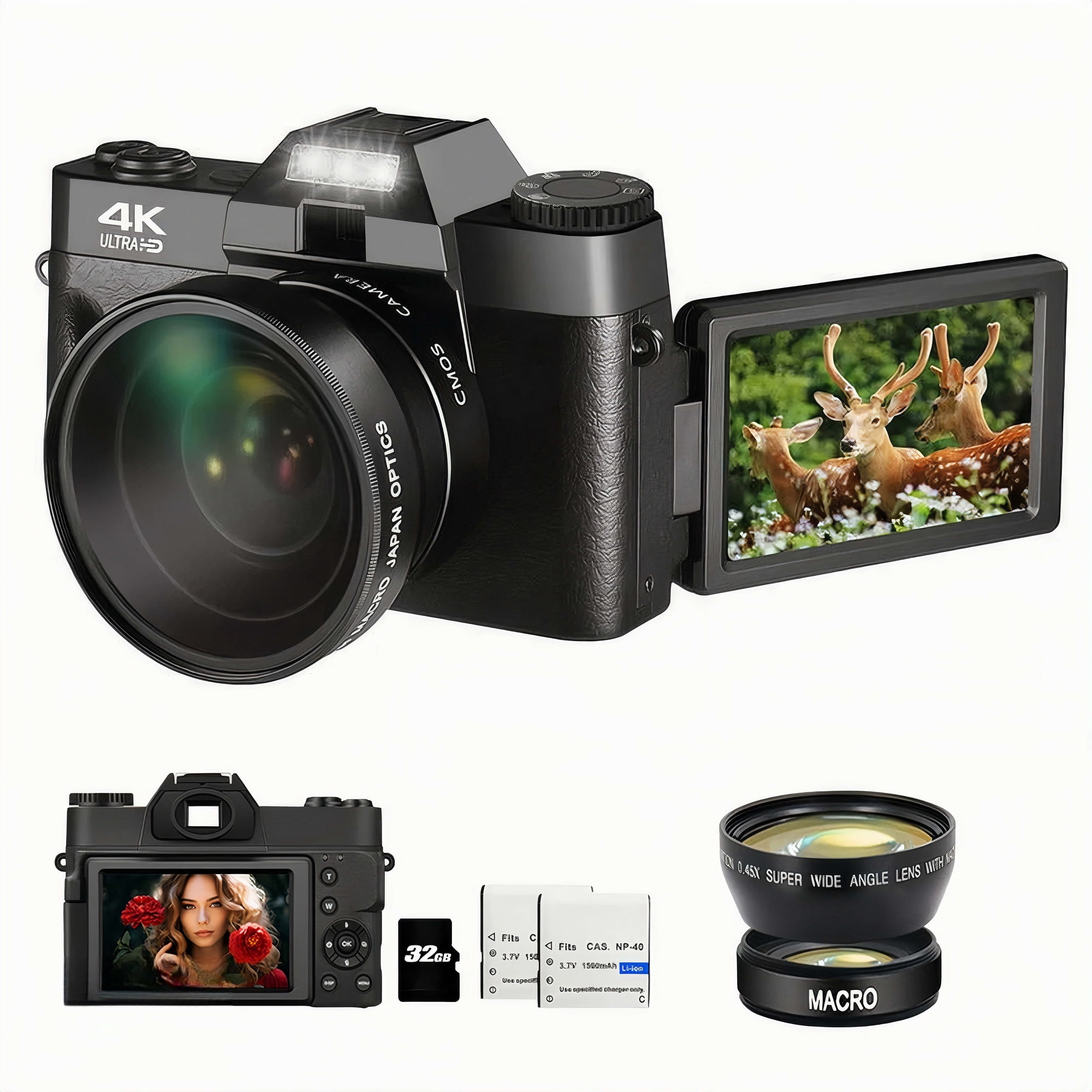 48MP Digital Camera for Photography 4K Vlogging Camera Digital Camera for Kids and Adults with 180&deg; Flip Screen Wide-Angle Lens Macro Lens 32 GB Micro Card 2 Batteries(Black)