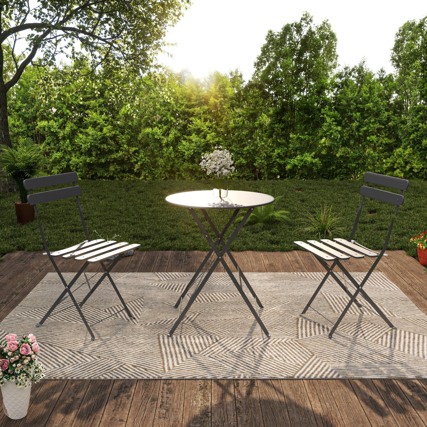 Bistro Table and Chairs Set for 2, 3 Piece Outdoor Patio Bistro Set with Folding Table and 2 Cushioned Chairs, Rust-Resistant Frame, Gray