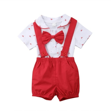 

TOPGOD Baby Boy Summer Cotton Bowtie Gentleman Short Sleeve Bowtie Romper Suspenders Shorts Outfit Set