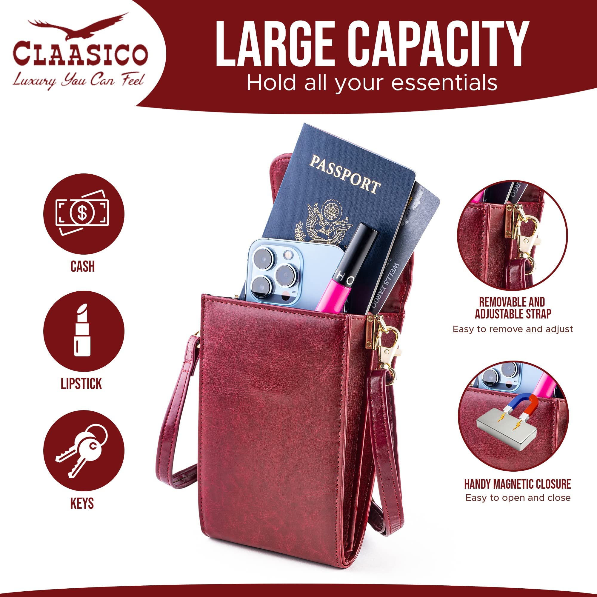 Classico Small Crossbody Phone Purse for Women - Crossbody Bag Wallet for Phone, Cards, Accessories