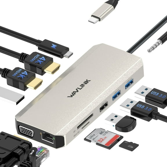 WAVLINK 12-in-1 Dock Station, USB-C to 4K HDMI & 2K VGA Laptop Dock, 85W Charge, Ethernet, MicroSD & SD Card Reader for Windows/Mac Laptop