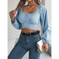 thumbnail image 5 of Women'S Ruched Wrap Square Neck Flounce Long Sleeve Self Tie Crop Top Blouse Light Blue XL, 5 of 8