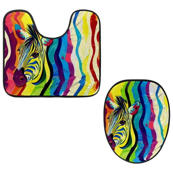 PhooArto Toilet Lid Cover and U-Shaped Toilet Floor Mat Set of 2 Pieces, Animal Zebra Rainbow Print Toilet Mat Set, Machine Washable Seat Covers Non-Slip Absorbent Rugs