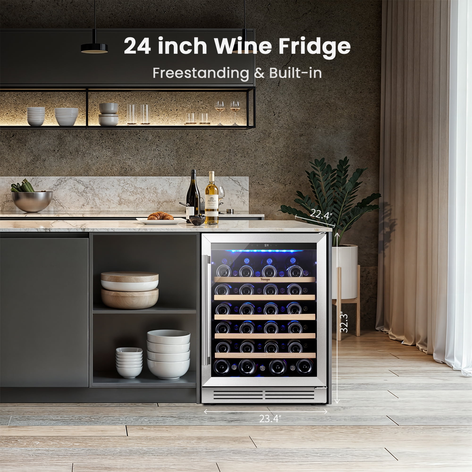 Yeego 24" Wine Refrigerator Cooler, 52 Bottle Wine Fridge Built-in or Freestanding with Stainless Steel Tempered Glass Door for Home/Office