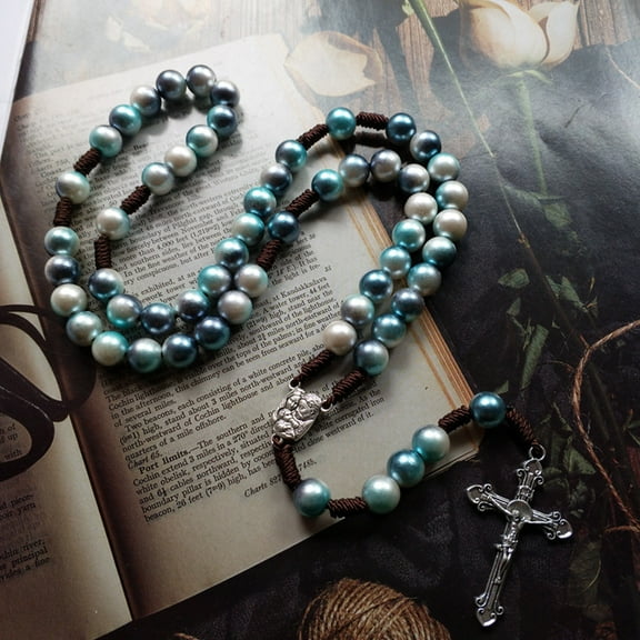GENEMA Handmade String Catholic Rosary Necklace Round Beads Religious Holy Mary Cross