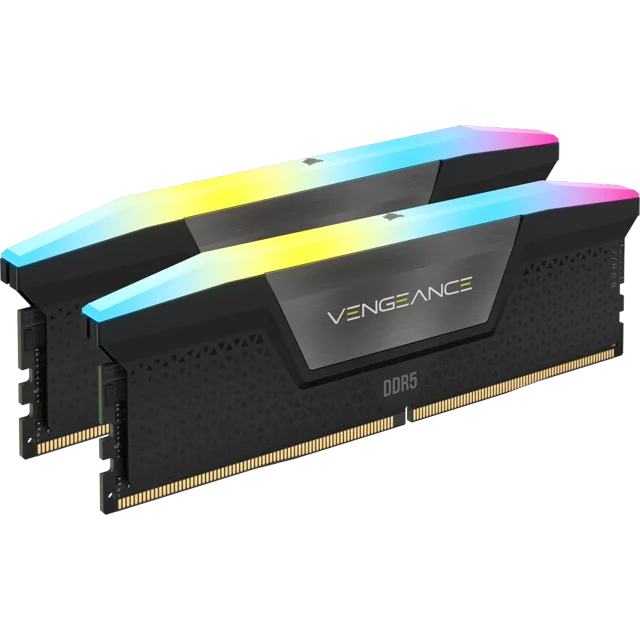 ram corsair ddr5 vengeance 2x8 16gb 5200 negro rgb cmh16gx5m2b5200c40 Vista 3/4 frontal de dos módulos DDR5 negros con disipador de aluminio y barra RGB superior iluminada, contactos dorados y logotipo VENGEANCE visible; diseño para doble canal con soporte Intel XMP 3.0, indicado para gaming y multitarea avanzada y a menudo usado en estaciones de trabajo compactas o rigs de prueba.