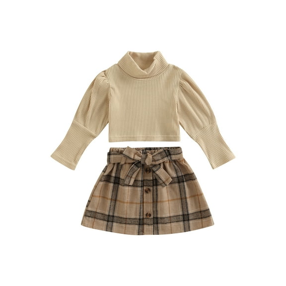 Bagilaanoe 2Pcs Toddler Baby Girls Ribbed Outfits Long Sleeve Turtleneck Pullover Tops   Plaid Skirt with Belt 12M 24M 3T 4T 5T 6T Kids Casual Skirt Set