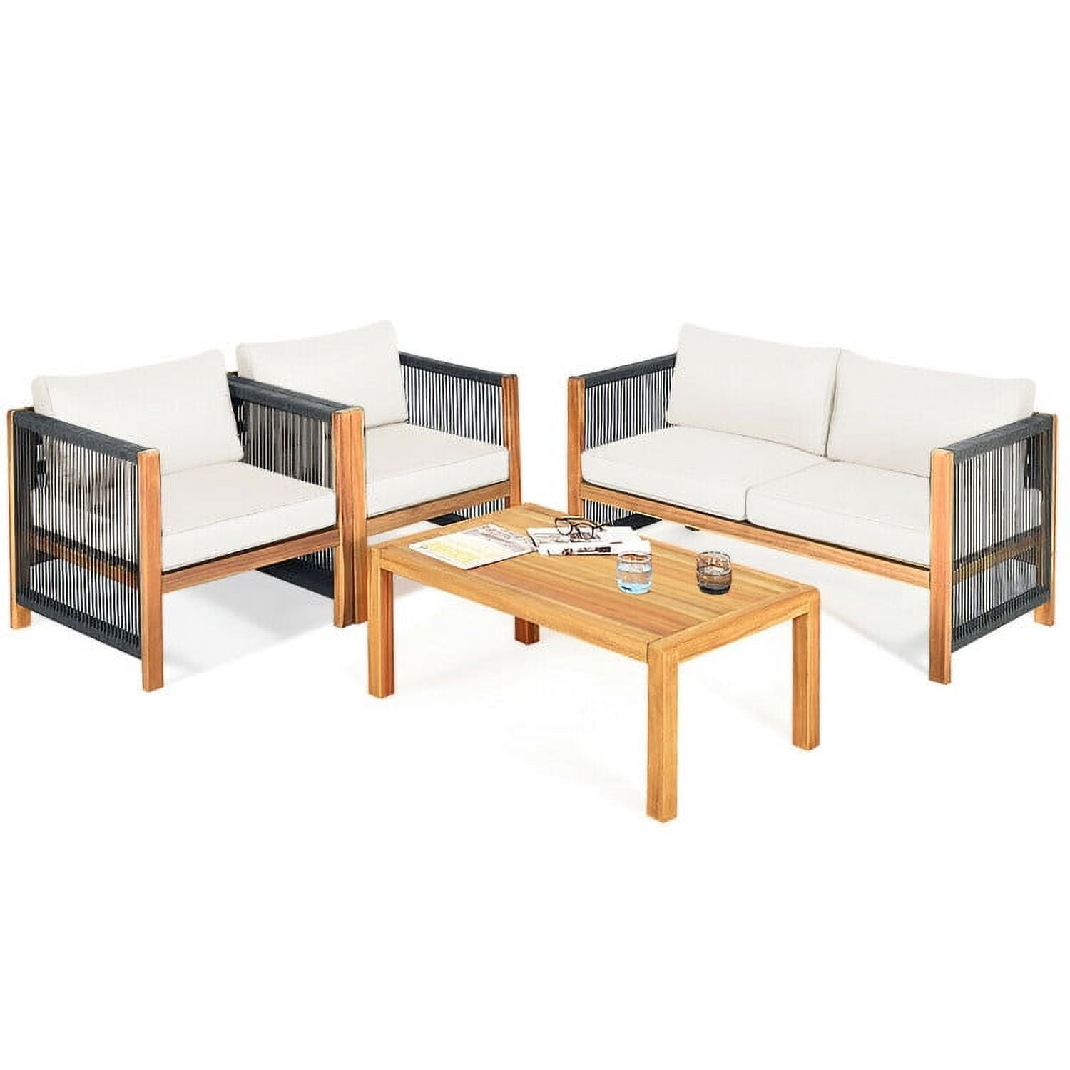 Aimee Lii 4 Pieces Acacia Wood Outdoor Patio Furniture Set with Cushions, Wooden Patio Furniture Set, White Aimee Lii 4 Pieces Acacia Wood Outdoor Patio Furniture Set with Cushions, Wooden Patio Furniture Set, White