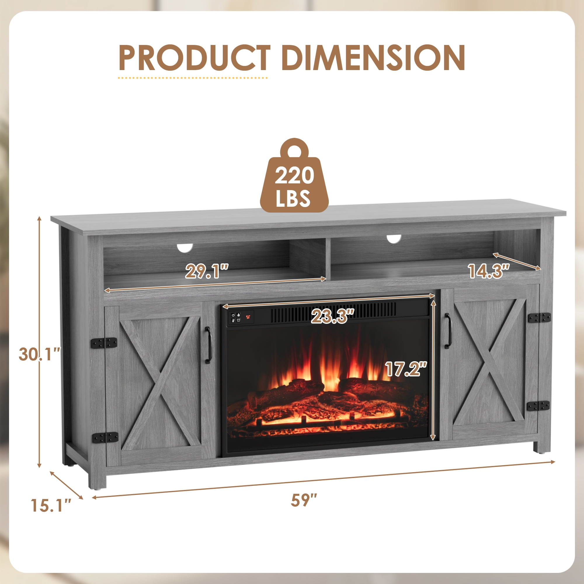 Homall Fireplace TV Stand in Wood Gray - Adjustable Shelves & Large Storage Entertainment Center