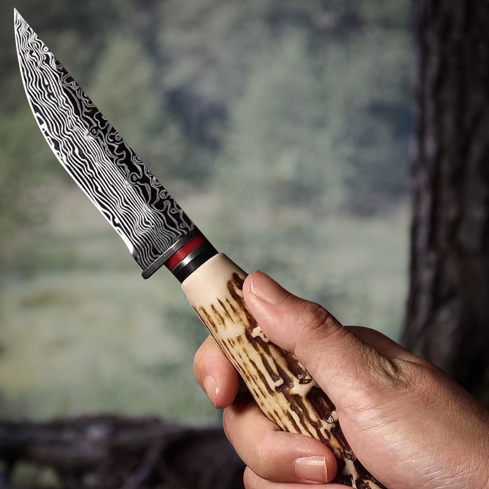 Hunting Knife with Leather Sheath - Ideal for Chopping, Camping Outdoor - Fixed Blade Bushcraft Knife - Gift for Men