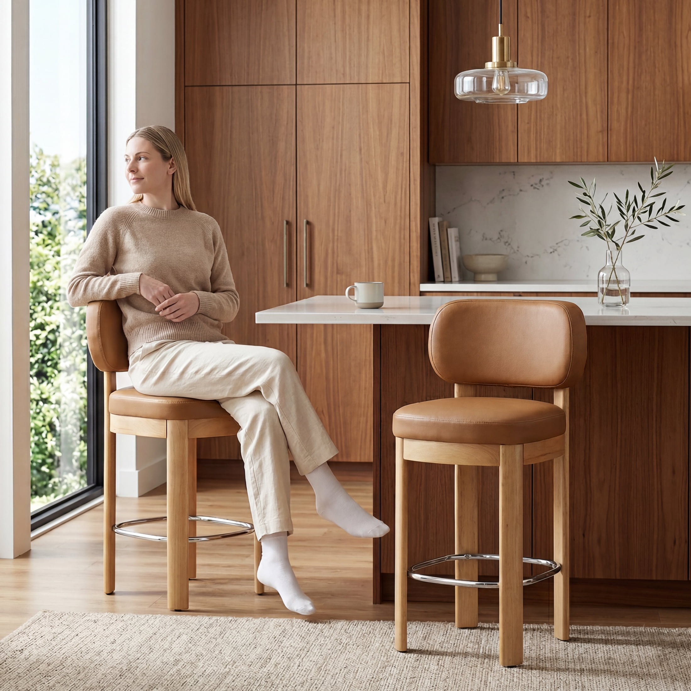 Guyou 26" Bar Stools Set of 4, Modern PU Upholstered Counter Height Bar Stools, Farmhouse Armless Bar Chairs with Solid Wood Legs & Padded Back for Kitchen Island/Dining Room Bar, Brown