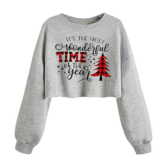 Womens Crop Sweatshirt Funny Christmas Graphic Xmas Holiday Party Casual Long Sleeve Fall Clothes Tops Pullover Light Gray L