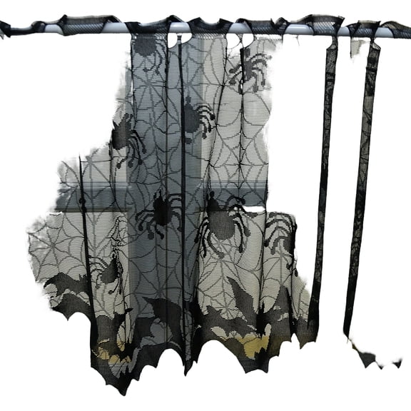 Halloween Curtains, Black Lace Spiderweb Bat Valance, 60 x 19 in