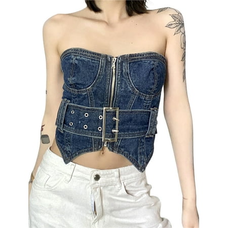 

Mubineo Women s Denim Tube Tops Strapless Zip Up Slim Fit Bandeau Corset Buckle Belted Tops Streetwear