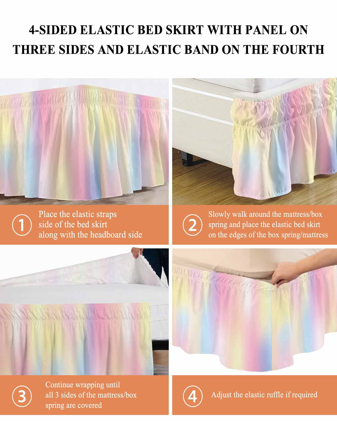 Colorful Gradient Bed Skirt Pink Yellow Abstract Bed Skirts Queen Size 16 Inch Drop, Wrap Around Dust Ruffle&nbsp;Bedskirt with Adjustable Elastic Belt for Queen Size Beds